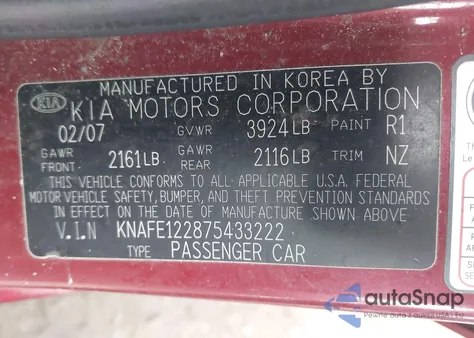 2007 Kia Spectra Ex z USA, uszkodzony, nr VIN KNAFE122875433222